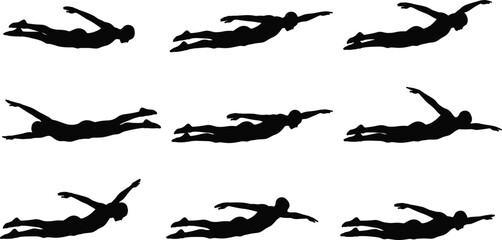 Swimming silhouette set, freestyle stroke sequence, swimmer poses, motion stages, sports action, fitness training, technique study, aquatic sport, vector illustration