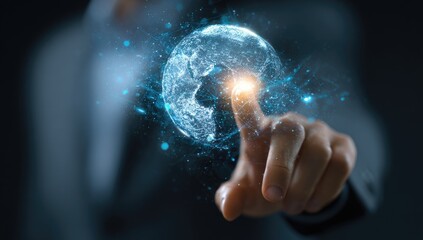 Person interacts with a digital globe, representing global connectivity and data visualization