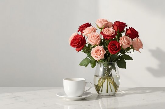 Roses, coffee, marble, sunlight, vase, still life, interior, romance, greeting card