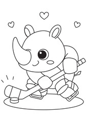 coloring book page cute rhino playing hockey