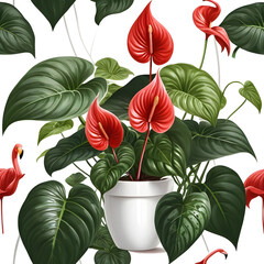 Obraz premium Anthurium plant with glossy red heart-shaped flowers and broad green leaves in white pot on white background