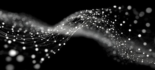 Abstract wave. Interweaving of dots and lines on a black background. Big data. 3D rendering.