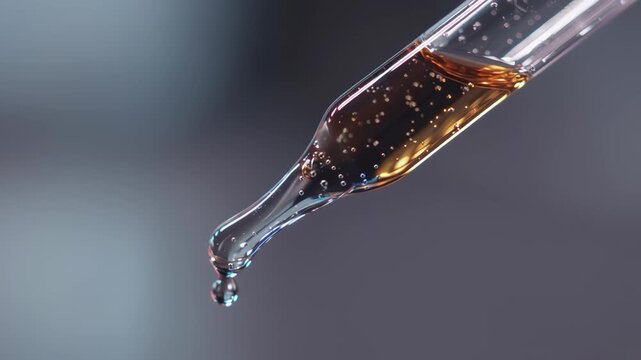 Cosmetics transparent liquid dripping from laboratory glass pipette in super slow motion. Macro shot of drop hanging down from chemical dropper. Abstract body care serum ingredients concept