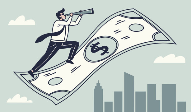 Investment opportunity, visionary to make profit or financial growth concept, smart businessman riding flying on huge doller banknote money using telescope or spyglass to see future                   