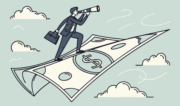 Investment opportunity, visionary to make profit or financial growth concept, smart businessman riding flying on huge doller banknote money using telescope or spyglass to see future                   