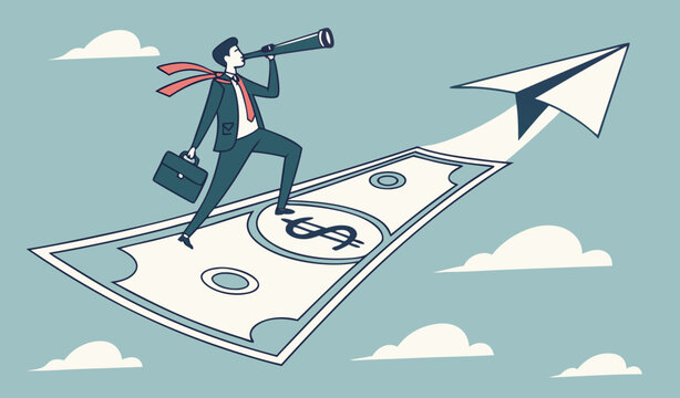 Investment opportunity, visionary to make profit or financial growth concept, smart businessman riding flying on huge doller banknote money using telescope or spyglass to see future                   