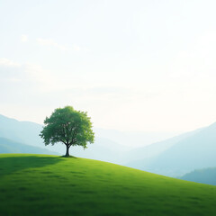 Fototapeta premium Tranquil Hilltop Tree Amid Rolling Mountains at Golden Hour 