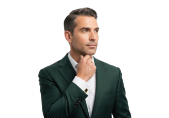 Handsome businessman in green suit posing thoughtfully, professional portrait, corporate image, isolated on transparent background