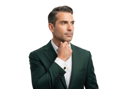 Handsome businessman in green suit posing thoughtfully, professional portrait, corporate image, isolated on transparent background - Powered by Adobe