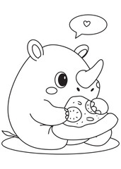 coloring book page cute rhino eating pizza