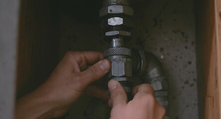 Close-up of a professional plumber's hands tightening a metal pipe fitting during a residential plumbing repair service