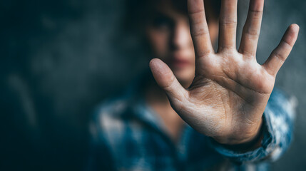 Help sign on womans hand, victim asking for help, assault in family, awareness