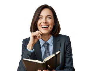 Smiling businesswoman holding notebook portrait, happy professional woman in suit, isolated png image, isolated on transparent background