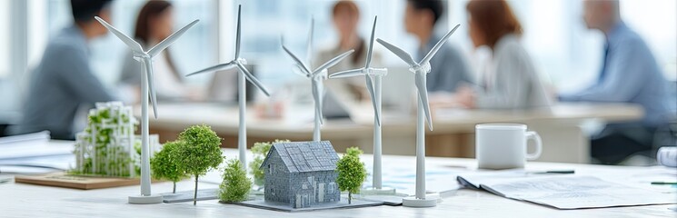 Green energy meeting Tabletop model of eco-friendly homes powered by wind turbines, with blurred background of professionals in discussion