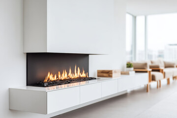 minimalist photograph focusing on stylish fireplace adorned with ultrabright digital logs