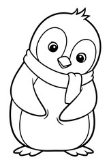 Obraz premium Cute Cartoon Penguin Wearing a Scarf, Black and White Outline Illustration
