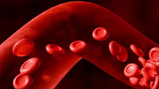 3D animation of a blood vessel with a forming blood clot. The free-flowing red blood cells and the aggregated clump highlights the process of clot formation.