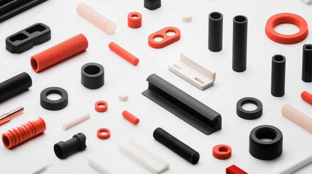 Abstract arrangement of varied plastic and rubber pieces. Showing colorful industrial components on minimalistic white background.