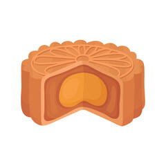 Half of traditional Asian mooncake for the Mid-Autumn Festival. Sweet round mooncake with pattern and yellow egg filling. Illustration isolated on white background.
