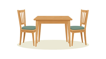 A minimalist illustration of a dining set consisting of a wooden table and two chairs.