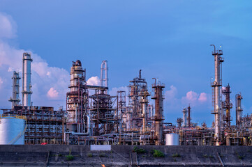 Yokkaichi industrial Japan factory area with blue sky background view Yokkaichi, Mie Prefecture, Japan.