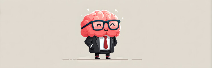 A cheerful cartoon brain character wearing glasses and a suit stands confidently, representing creativity and intelligence in a fun, engaging way. Ideal for educational content.