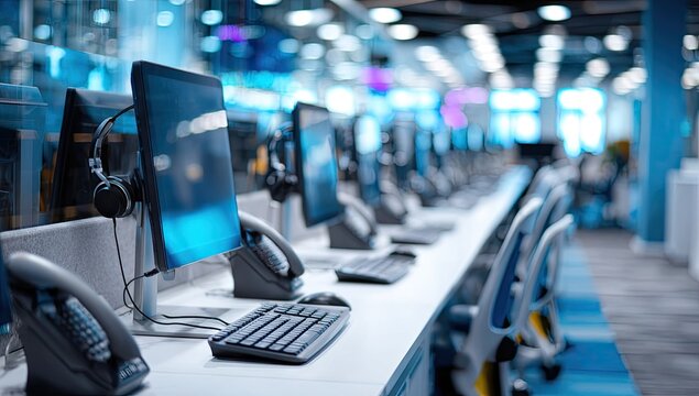 Modern call center workstations with computers, headsets, and phones
