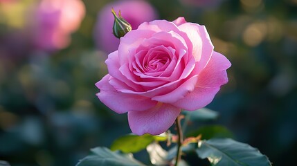 Macro Pink Rose in Garden with Shallow Depth of Field, Blurred Foliage Background and Copy Space
