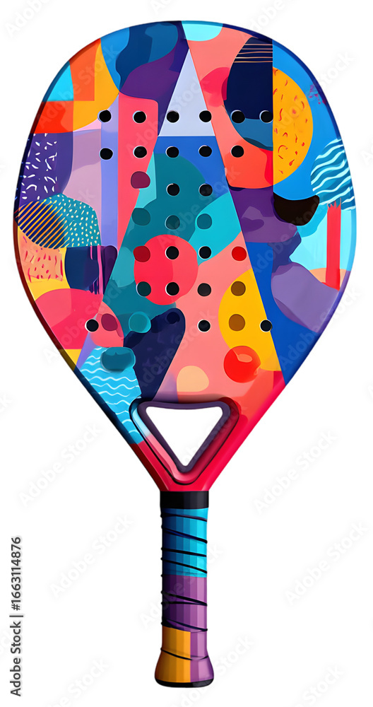 Poster colorful abstract paddle racket design featuring geometric shapes and vibrant patterns against a whi