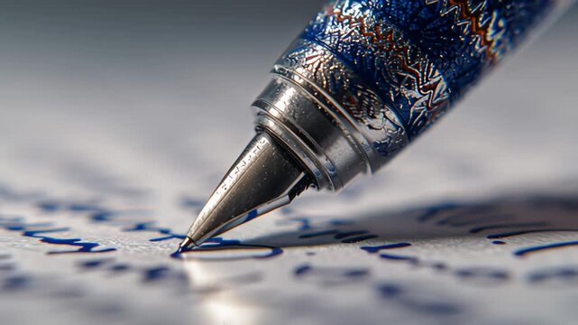 Ballpoint pen. Gel ink pen writes on a white sheet, macro view