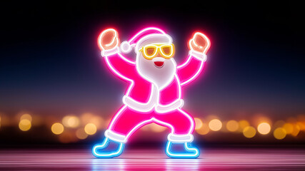 Neon cartoon Santa Claus with blue light dancing on dark background with bokeh lights. Santa with neon light. Merry Christmas