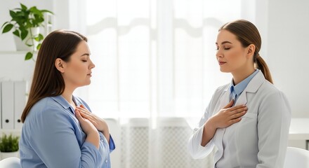 A Moment of Calm: A Doctor Gently Guides Her Patient Through a Deep-Breathing Exercise for Stress Management in a Tranquil, Sunlit Office.