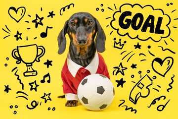 Dachshund dressed as a soccer fan on a vibrant yellow background surrounded by playful doodles of trophies, stars, and a football theme.