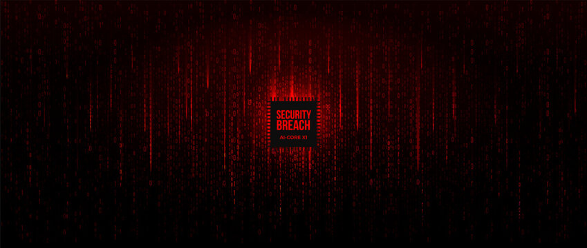 Security Breach Alert Red Binary Code Falling Digital Rain With Glowing Cyber Chip. Futuristic Abstract Background Concept For Hacking, Cybersecurity Risk and Data Fraud Themes BG. Vector Backdrop