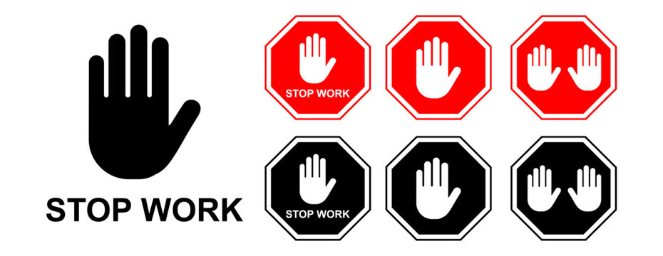 stop work authority icon, stop hand icon over red polygon