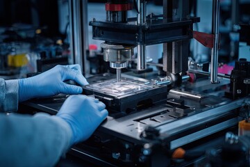 Gloved hands operate precision machinery on a microchip