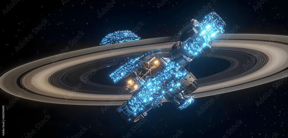 Poster futuristic spaceship orbiting a ringed planet offers a glimpse into advanced technology and space ex