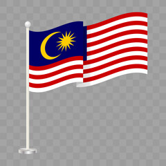 Malaysia National flag on checkered background. Vector illustration of waving Malaysian flag on flagpole for educational content, cultural presentations, travel blogs, and patriotic campaigns