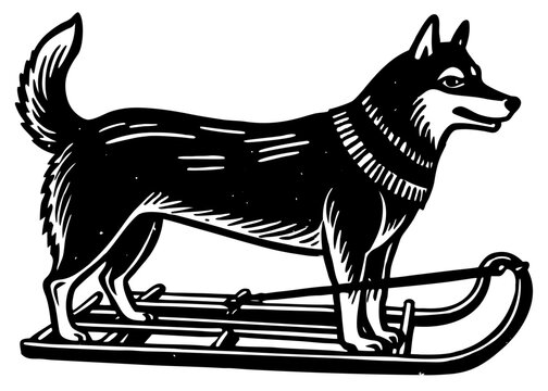 recommend clip art: Siberian Husky Sled Pose Silhouette Linocut, Arctic Dog Vector Clipart