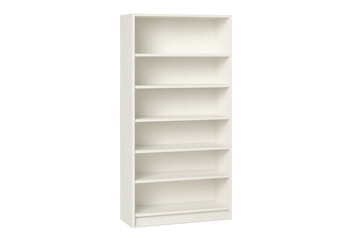 Modern white bookcase standing up with transparent background, perfect for interior design projects
