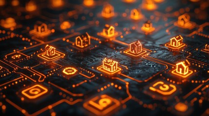 Abstract circuit board with glowing house icons