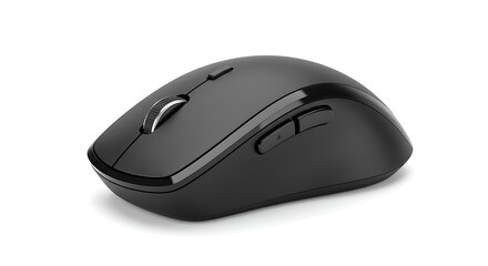 Sleek Black Wireless Computer Mouse with Scroll Wheel and Buttons on White Background for Ergonomic Office Productivity