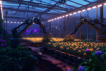 Futuristic greenhouse featuring robotic arms tending to vibrant orange and purple flowers, a modern and efficient approach to agriculture