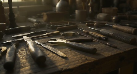 Vintage Plumber's Workshop A Collection of Antique Tools and Metal Implements on a Wooden Workbench