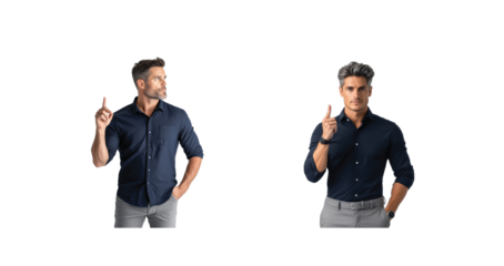 Dual portrait of two men gesturing with raised finger