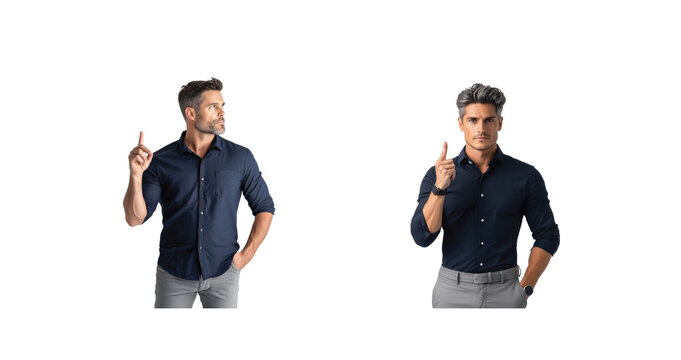 Dual portrait of two men gesturing with raised finger