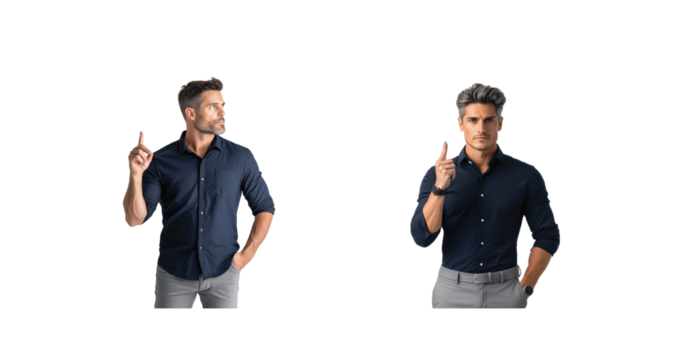 Dual portrait of two men gesturing with raised finger