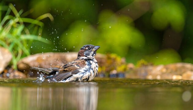 Bird bathing in shallow water, splashing - Powered by Adobe