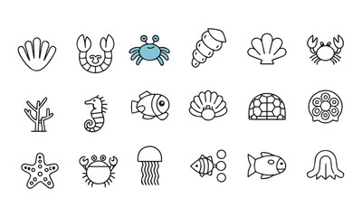 Cute Sea Animals Icons Cartoon Ocean Creatures Fish, Crabs, Shells, Dolphins, Starfish & More Vector