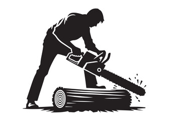 chainsaw cutting logo silhouette vector, chainsaw silhouette logo design illustration, chainsaw silhouette powerful vector design, woodcutter with chainsaw logo silhouette vector on white background 